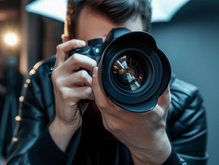 Close-up of a photographer's hands holding a high-end camera, ready to capture the moment.の素材