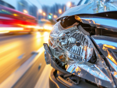 Close-up of a car headlight damaged in a traffic collision at nightの素材