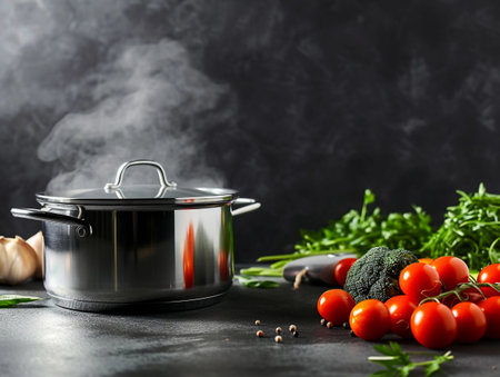 A steaming pot on a modern stove with a selection of fresh vegetables ready for cooking.の素材