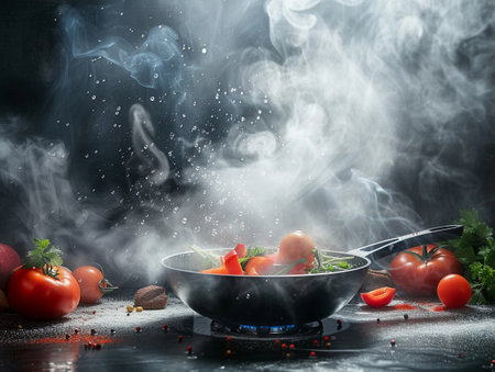 Steam envelopes freshly chopped vegetables in a modern kitchen pot, ready for a healthy mealの素材