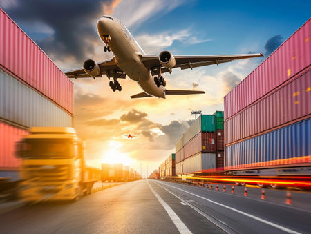 Airplane landing over a vibrant industrial port with containersの素材
