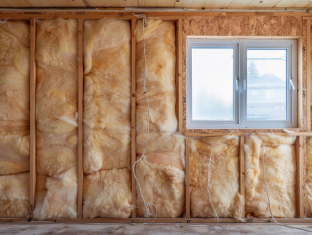 A partially insulated wall with exposed wooden framing and a centered windowの素材