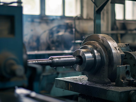 A lathe machine in a bright workshop shaping metal.の素材