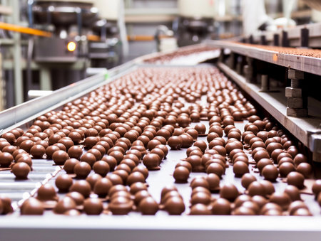 Quality inspection of chocolate candies on an automated production line.の素材