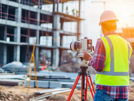 Survey engineer in safety gear using theodolite equipment at a construction site during daytime.の素材