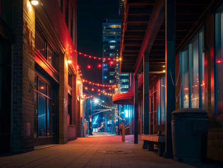 A quiet alleyway decorated with string lights beside modern buildings at night.の素材