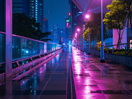 The city comes alive at night with streets and buildings bathed in the glow of LED lightsの素材