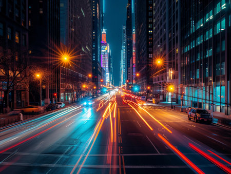 Long exposure of cars' light trails on a bustling city street at night with skyscrapers.の素材