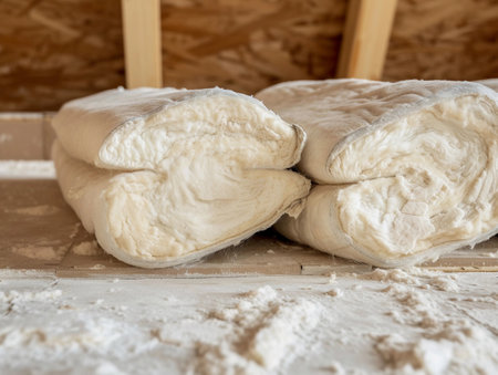 Rolls of fiberglass insulation material on a construction floorの素材