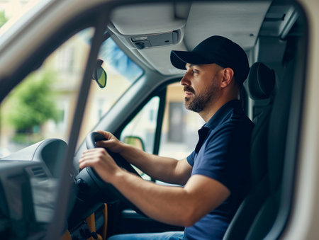 Serious delivery driver in a blue shirt driving a vanの素材