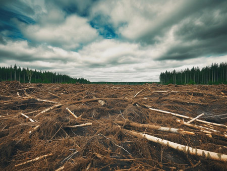 Deforested area with remnants of trees under a cloudy skyの素材