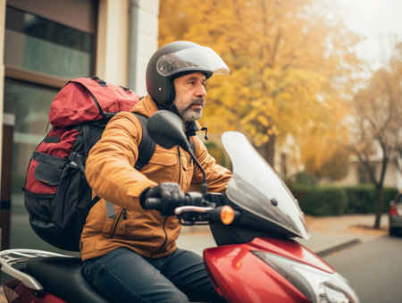 Middle-aged courier with helmet and delivery backpack on a scooterの素材