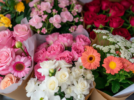 A soft-hued bouquet with roses and daisies.の素材