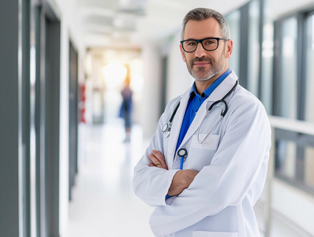 A cheerful, mature male doctor with a stethoscope smiling in a bright hospital hallway.の素材