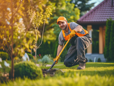 Gardener bending over to work soil with a shovelの素材