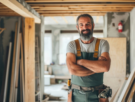 Mature craftsman attentively sanding wood in a well-lit kitchen undergoing renovationの素材