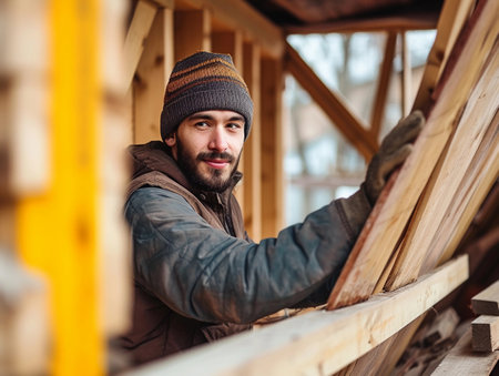 Focused artisan in a beanie sorting through lumber in a workshop settingの素材