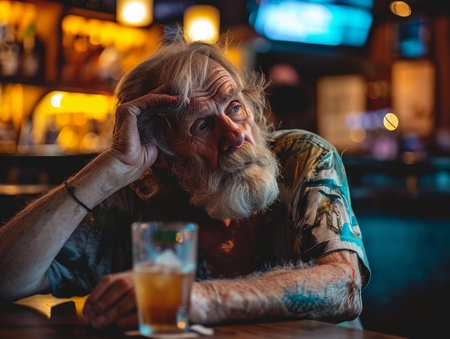 Elderly man lost in thought, sitting with a beer in a warmly lit bar.の素材