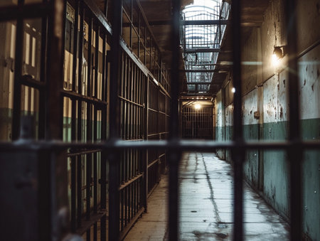 The eerie and abandoned hallway of a historic prison, viewed through bars.の素材