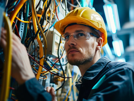 A meticulous technician adjusts components on an industrial control panel.の素材
