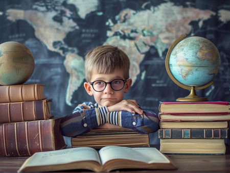 A curious boy with glasses surrounded by books and globes, symbolizing a love for learning.の素材