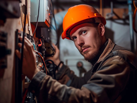 A young electrician in an orange helmet meticulously repairs an electrical panel.の素材
