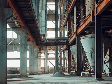 Weathered interior of an abandoned factory with rusted silos and structural beams.の素材