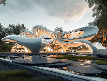 A visionary architectural structure with fluid forms and integrated transport showcases futuristic design principles.の素材