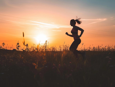 A woman running in the countryside during a stunning sunset, embodying an active and healthy lifestyle.の素材