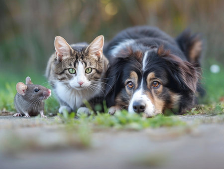 A serene cat, attentive dog, and tiny mouse share a peaceful moment, showing unusual animal friendship.の素材