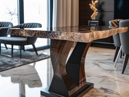A luxurious marble table with a unique base design stands as the centerpiece in a modern home interior.の素材