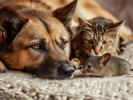 A dog and cat share a tender moment with a mouse on a cozy blanket, symbolizing unusual animal friendships.の素材