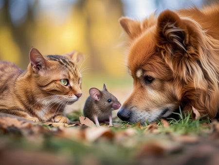 A cat and dog lie close to the ground, facing a small mouse amidst autumn leaves, in a tranquil display of cross-species friendship.の素材