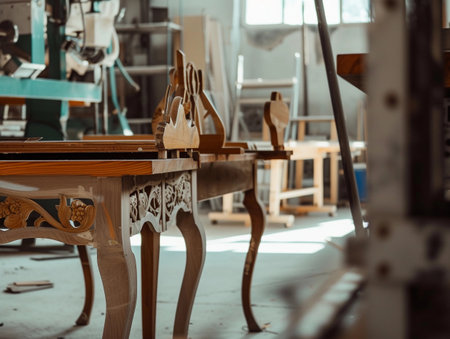 Skilled craftsmanship is evident in the intricate details of a wooden table in a carpentry workshop.の素材