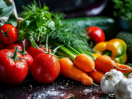 Vibrant fresh vegetables with water droplets showcased on a dark background, highlighting organic textures.の素材