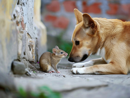 A curious dog gently approaches a small mouse on a concrete path beside a worn wall.の素材