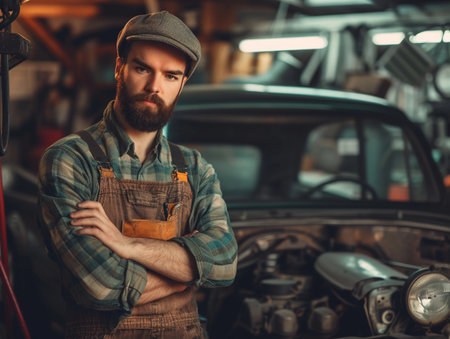 Self-assured young mechanic with arms crossed in an automotive repair shopの素材