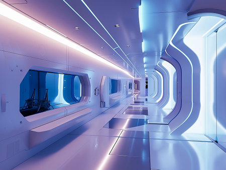 A modern, high-tech corridor lined with neon lights, reflecting a futuristic design aesthetic.の素材