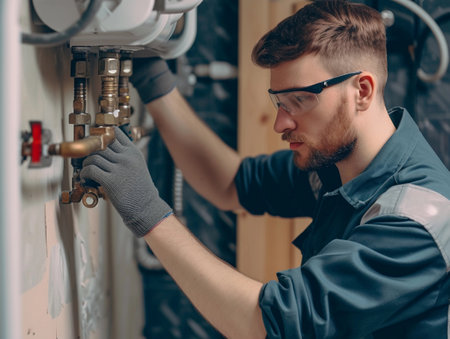 Specialist in protective gear services a wall-mounted boiler system.の素材