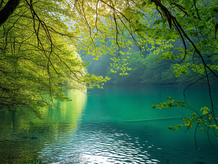 A peaceful lake with vibrant spring leaves reflecting in calm waters.の素材
