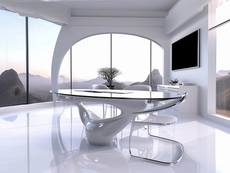 A contemporary dining room featuring a sleek table and chairs set against a backdrop of expansive desert views.の素材