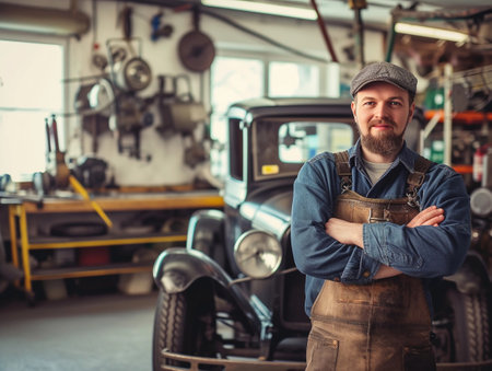 A confident mechanic stands with arms crossed in a classic car workshop.の素材