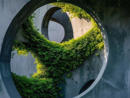 Circular concrete structures intertwined with vibrant green vines.の素材