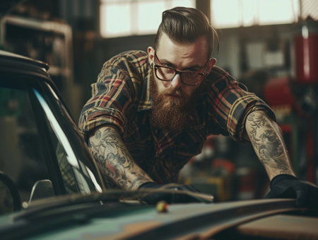 A tattooed mechanic attentively works on a car in a well-equipped garage.の素材
