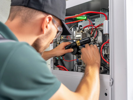 Concentrated electrician tests electrical components of a boiler.の素材
