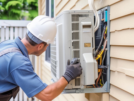 An AC technician with safety helmet repairing a residential air conditioning unitの素材