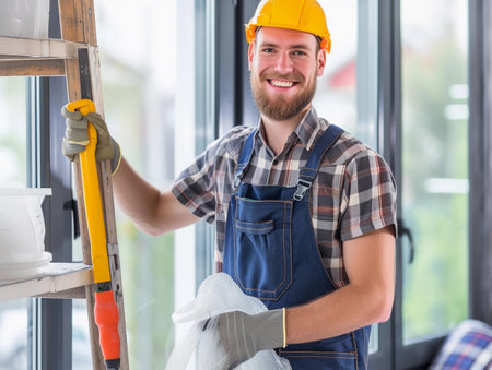 Cheerful male worker in hard hat and overalls with level tool indoors.の素材