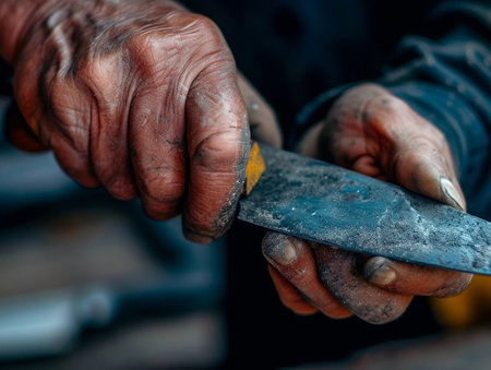 Close-up of a craftsman's hands expertly sharpening a knife, symbolizing skill and craftsmanship.の素材