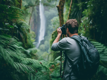 A photographer in a forest, focused on a distant cascading waterfall.の素材