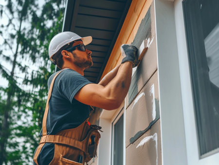 A skilled worker meticulously applies paint to the siding of a house.の素材
